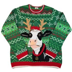 NWT Holiday Time XL Ugly Christmas Holiday Sweater Cow Reindeer 3D Jingle Bell